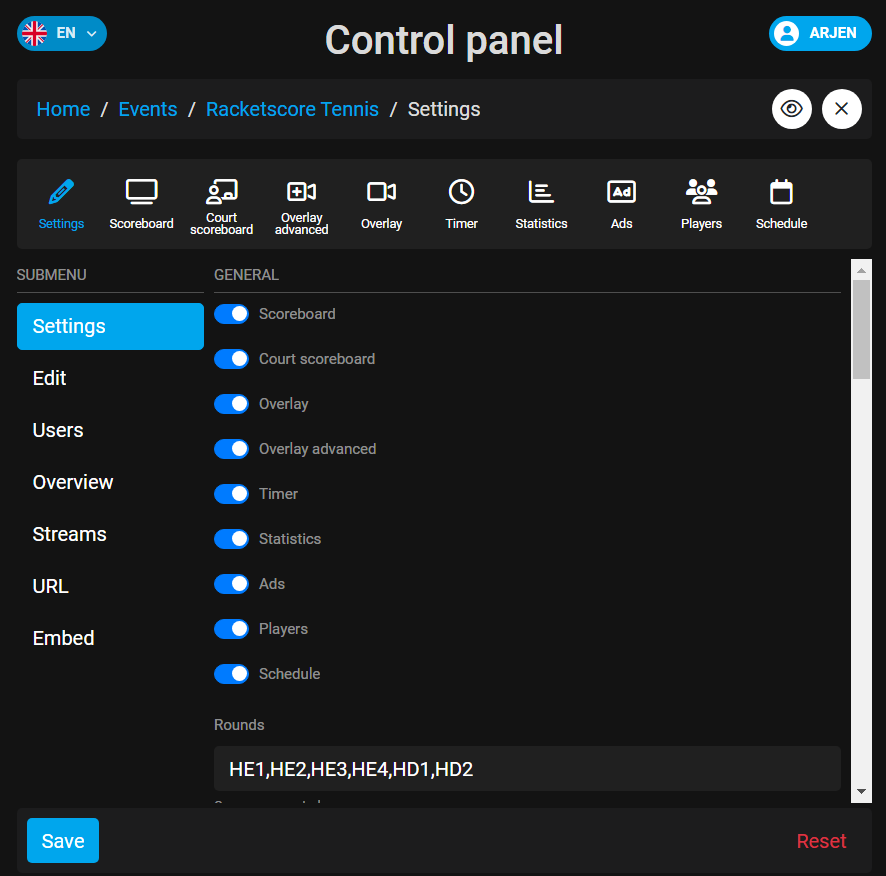 Racketscore Control Panel