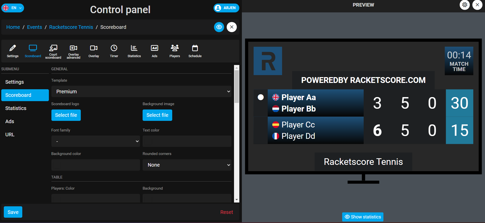 Racketscore Control Panel - Scoreboard